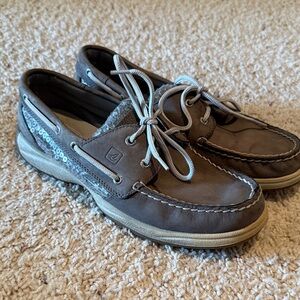 Sperry Gray-Brown Leather Boat Shoes with Sequin Accent
